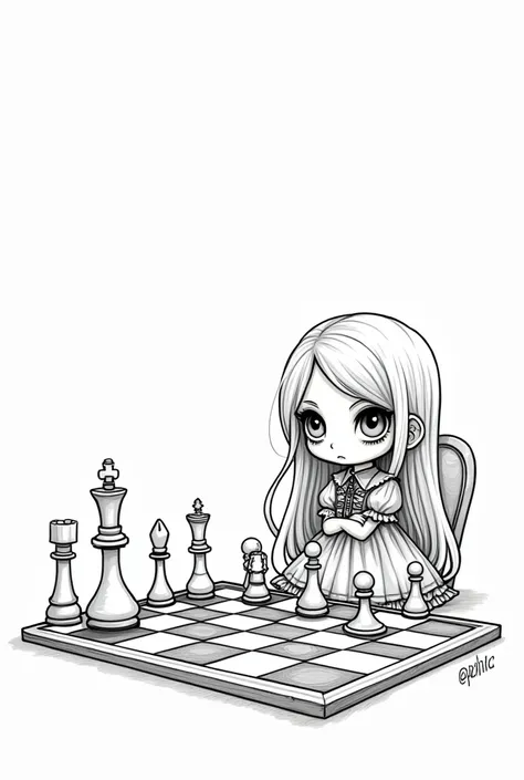 cute gothic girl playing chess、Wearing a dress with frills。Opponents seat is strangely empty 。 a clean, simple line drawing 、As a coloring book、Simple Line、 no grayscale 、 without shading、 cute