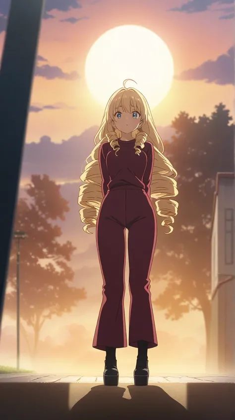 upper body, a girl, blonde, long hair, drill hair, ahoge, blue eyes, slant eyes, narrow eyes, maroon sportswear long pants, maroon sportswear, Black platform boots, squatting, arms behind back, orange sky, light rays, evening, huge sun, backlighting, in th...