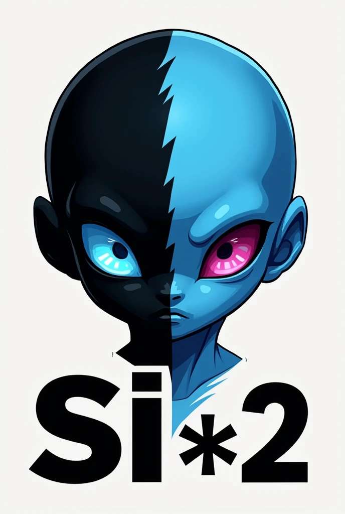 Are alien with the mark from the top of the head to the chin running through the middle of the face with the other side black when the opposite side is blue and right big words say si★2 the image to appear like an emoji like 👽 and bold letters written Si★2...