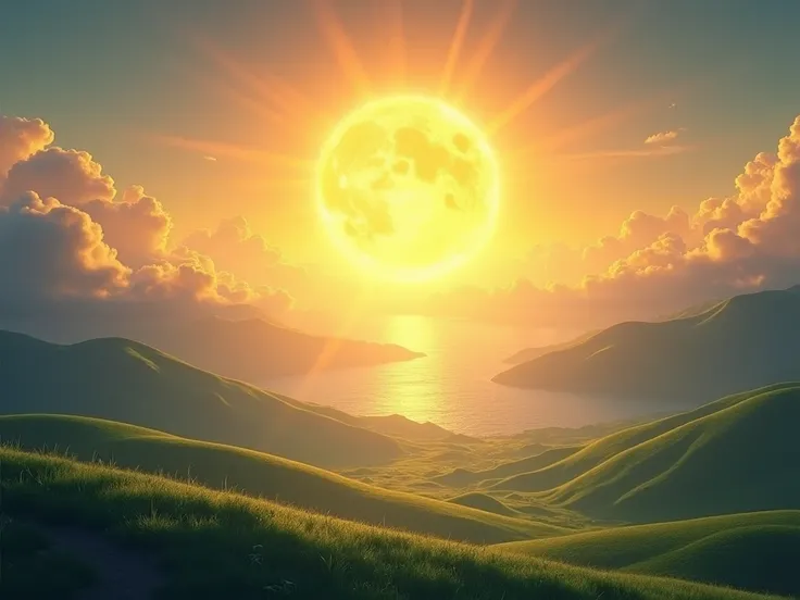 
"A radiant sun shining over the earth, its golden rays illuminating mountains, fields, and oceans. The sun is surrounded by soft white clouds, spreading warmth and life."