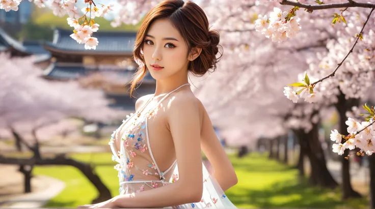 a 23 y.o Japanese ,reality,cherry blossoms,(from side:0.8), looking at camera, smaller,Transparent dress, detailed background,Flowering, high definition, super detailed, vibrant,Three-dimensional shadows .,(Very clear face, very cute , very cute beauty ,SE...