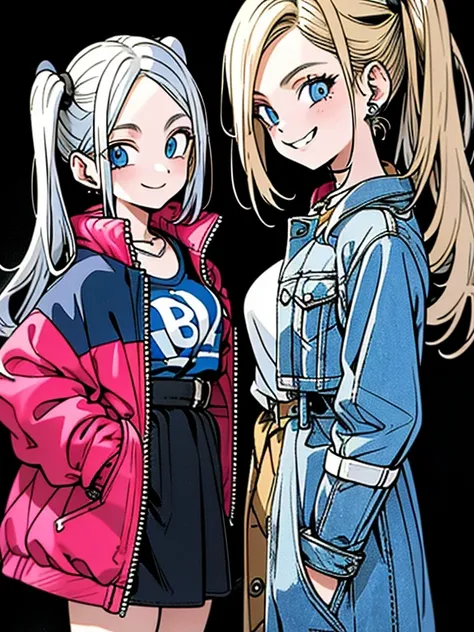 Two  women. Bluesky (8k) . Gold pigtails  . Selfee. Standing. Denim jaket.evil eye.American. smile