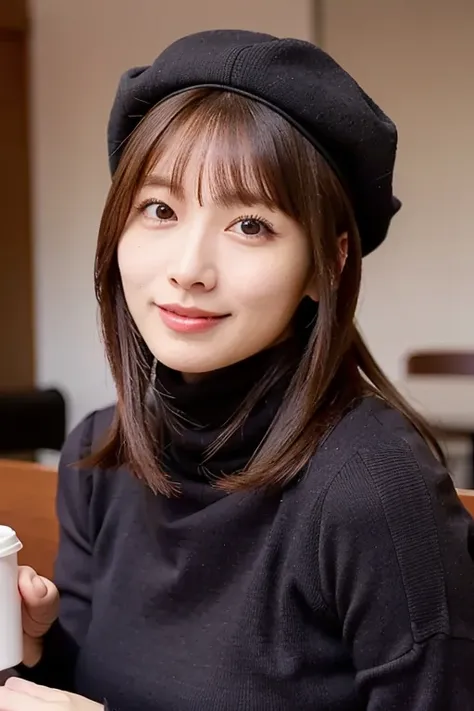 (masterpiece, best quality, perfect anatomy,  highres icon, 8k, realistic, photorealistic, natural skin texture, no makeup:1.2), Japanese, age20, (very cute), (Devilish expression), (drinking cafe latte in a winter Starbucks), ((A freshly drunk cafe latte ...