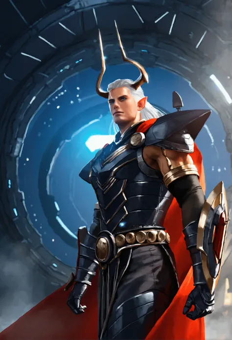 a muscular man in a red cape and armor, Thor the god of thunder, flying towards an alien space station in earths orbit, alien space station launching fighter ships and missiles, dramatic lighting, cinematic composition, epic sci-fi action, detailed renderi...