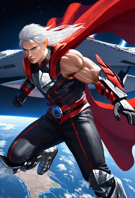 a muscular man in a red cape and armor, Thor the god of thunder, flying towards an alien space station in earths orbit, alien space station launching fighter ships and missiles, dramatic lighting, cinematic composition, epic sci-fi action, detailed renderi...