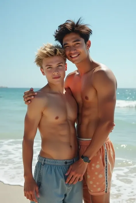 High-quality photo of two eighteen-year-old guys on a beach. An exceptionally tall, slender but muscular Asian boy, playfully captures a much shorter, very compact, athletic-looking blond, blue-eyed White guy.