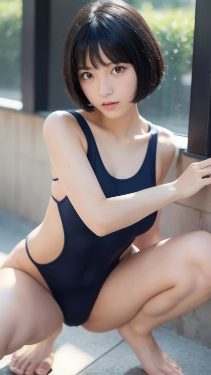  A slender young woman 、 black hair、 short bob cut、 small tits、Navy blue solid color tank type simple one-piece low leg school swimsuit、Nipple Protrusions Floating 、Crouching leg opening pose 

