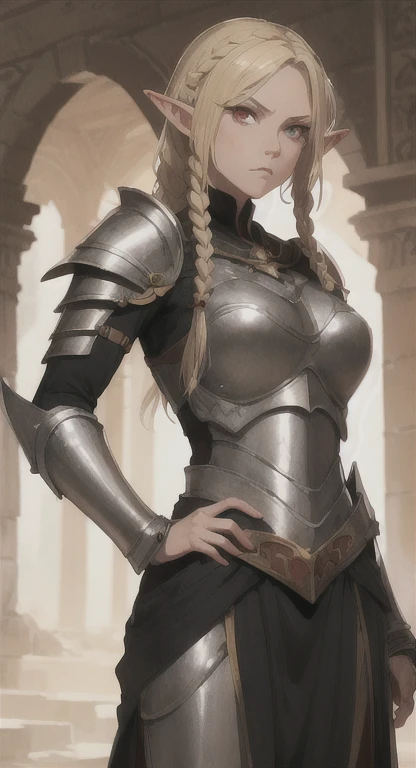 Ancient elf, paladin, lady Hylexia, blonde, red eyes, paladin braids, looking at viewer, stern, long messy hair, ancient kingdom, ancient paladin armor,