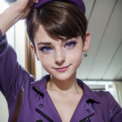  Photo of a 17-year-old European girl , .RAW, Beautiful woman,freckles on cheeks ,beautiful blue eyes(Light brown hair pixie haircut),pixie haircut (( portrait)), (( detailed face:1.2)), ((Detailed facial features)), ( finely detailed skin ),purple beret  ...