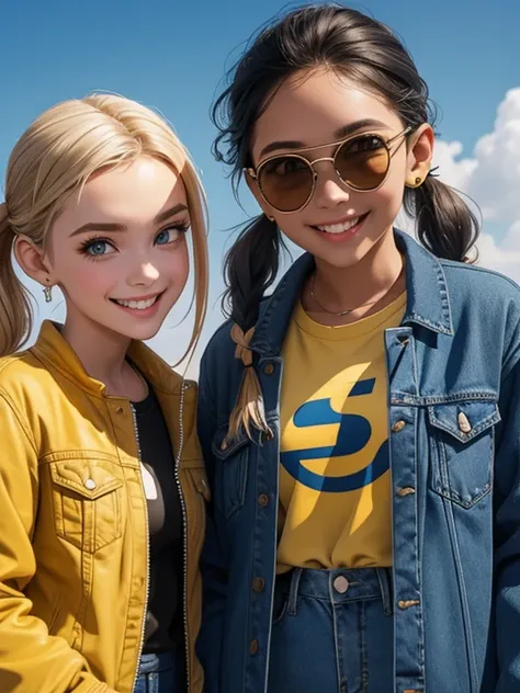 Two  women. Bluesky (8k) . Gold pigtails  . Selfee. Standing. Denim jaket.evil eye.American. smile