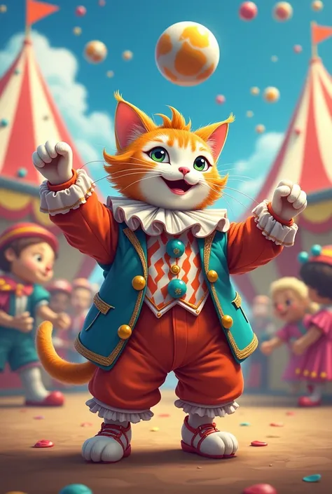 A cat doll, wearing a clown costume, is playing ball throwing in a circus troupe.
Anime pictures