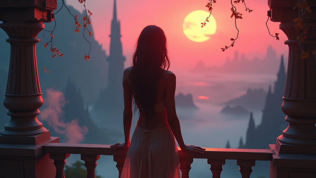 Back side photo of a sexy indian nymph in a smoke who is seeing a stunning red-blue world, standing at a balcony, stunning photo,  realistic cinematic style, 4k 3D ultra HD quality 