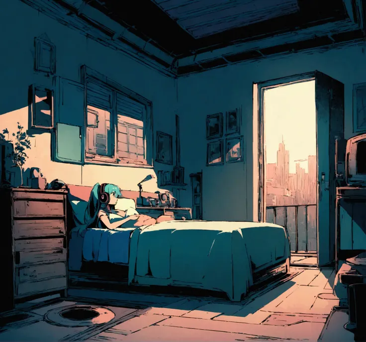 Hatsune Miku is listening to music with headphones。A one-room apartment with soft light coming in through the window and a beautiful night view、A vintage wave and cyberpunk atmosphere spreads。A 2D art style with added noise like a movie、Old anime-style tex...