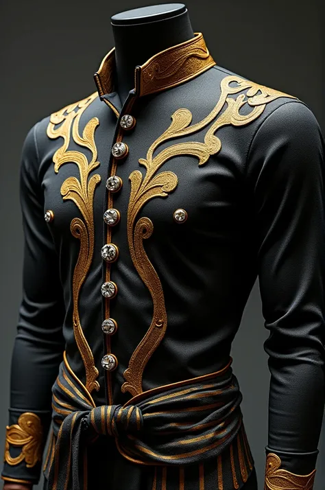  Make a mens shirt design using black gold songket fabric .. chest part has shiny stone .  The right part of the shirt has a ribbon made of songket and one scarf fabric on the left..  there is a bend in the waist and there is a shiny pin above the shoulder...