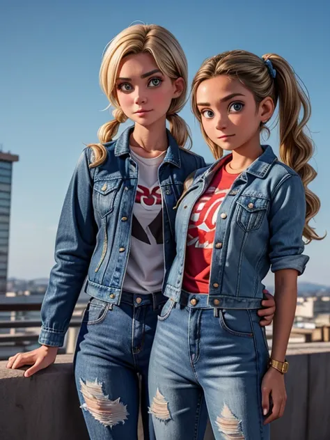 Two  women. Bluesky (8k) . Gold pigtails  . Selfee. Standing. Denim jaket.evil eye.American.