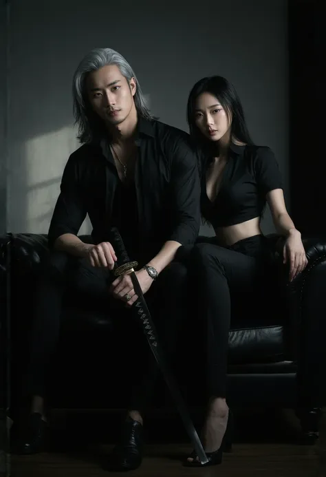 A dramatic indoor scene featuring a couple with an Asian gangster aesthetic, illuminated by chiaroscuro lighting that casts deep shadows and highlights. The man sits confidently on a sleek leather sofa, holding a katana in its housing across his lap. He ha...