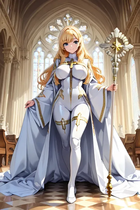  1 girl,  high definition ,  long hair, alone,  smile,  blue eyes, Blonde,  anatomically correct,  top quality,  Big Breasts , Shining white Robes,  White Shiny Enamel Bodysuit，Ceremonial vestments ，Staff，Western Church，glittering decoration，Elegant，bishop...