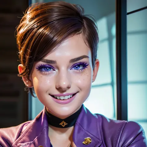  Photo of a 17-year-old European girl , .RAW, Beautiful woman,freckles on cheeks ,beautiful blue eyes(Light brown hair pixie haircut),pixie haircut (( portrait)), (( detailed face:1.2)), ((Detailed facial features)), ( finely detailed skin ),purple beret  ...