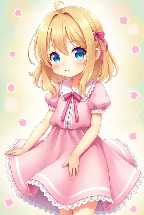 Cute anime girl. Blond. Blue eyes. Pink dress