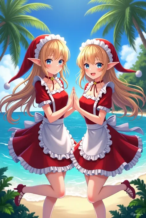  anime beautiful girl twin sisters、Santa maid clothes、 Hawaii Ocean 