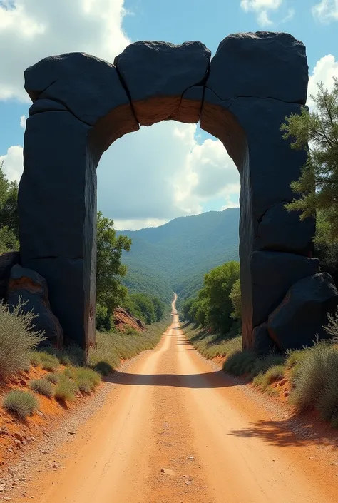 A road through a barren dessert. Far off in the distance, the road passes through a large freestanding archway of glossy black stone. Through the archway is visible an entirely different landscape of lush tropical forest.