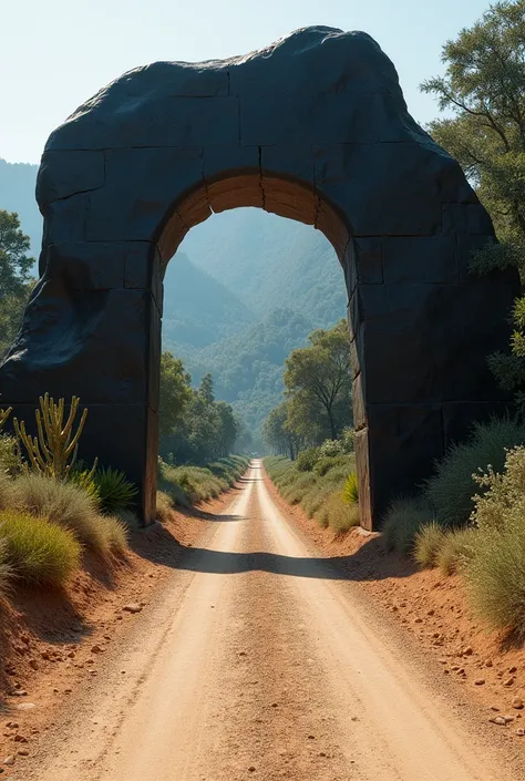 A road through a barren dessert. Far off in the distance, the road passes through a large freestanding archway of glossy black stone. Through the archway is visible an entirely different landscape of lush tropical forest.