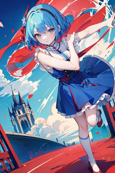 "An anime-style girl with short blue hair, adorned with a beautiful red hair accessory. She is wearing a long blue and white dress and knee-high socks. The background is a medieval-inspired castle town with canals running through it."