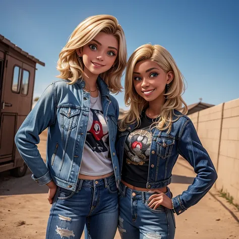 Two  women. Bluesky (8k) . Gold hair  . Selfee. Standing. Denim jaket.evil eye.American. smile