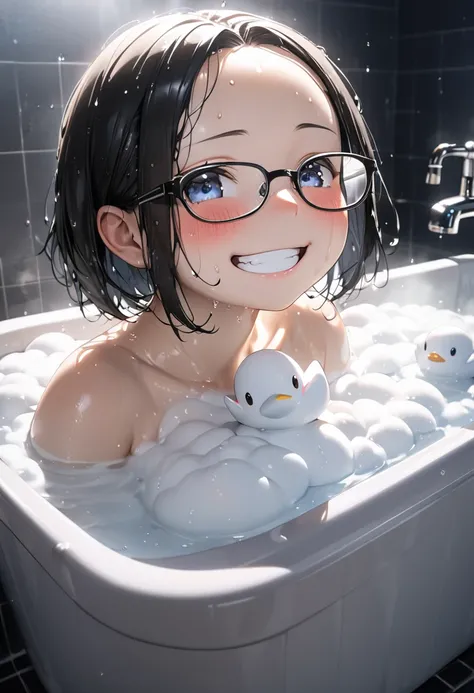 RAWphoto,photorealistic,8k16k,best quality,perfect anatomy,perfect detailed,ultra highres, extremely detailed eyes and face,gleaming skin,shiny skin,1girl,Japanese,black short hair,pixie cut, (wearing glasses:1.3),(parted bangs,forehead:1.2),round face,med...