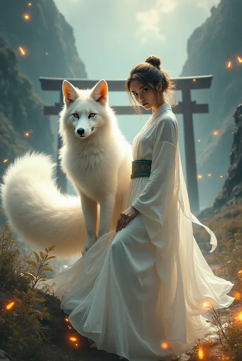  A beautiful woman wearing white kimono standing and  the nine-tailed fox。Has nine tails。The forces of nature are all around us.。looking at viewer 

- **Appearance**: The Nine-Tailed Fox、It has the appearance of a fox with beautiful, shining white fur.。Her...