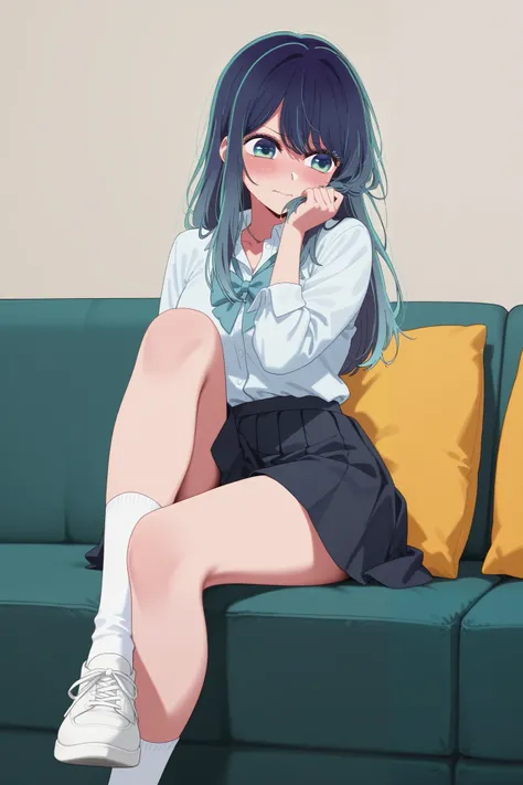 1girl, solo, high detailed, high quality, kurokawa akane, oshi no ko, school uniform, blue jumper, skirt, socks, white shoes, long hair, dark blue hair, dark blue eyes, He sits on the couch, is embarrassed, nervously touches his hair, 