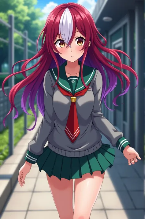  screenshot of my hero Academia anime female character ,  full body, light skin,  deep red hair with purple and a long wavy white strand ,  shining light brown eyes ,  torn triangular eyes , pretty attractive ,  calm relaxed expression ,  wears a gray unif...