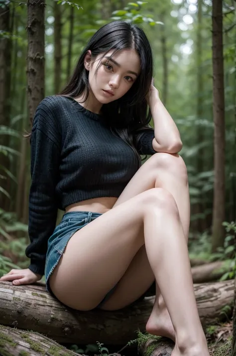 a beautiful  girl with black hair and black mini skirt beautiful legs sitting on a log in the forest  girl face, crossed legs, (best quality,4k,8k,highres,masterpiece:1.2),ultra-detailed,(realistic,photorealistic,photo-realistic:1.37),HDR,UHD,studio lighti...