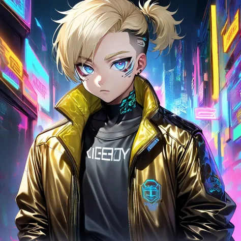 1boy,cyberpunk,Solo,Shota,blonde hair blue eyes badass leather golden Jacket with a logo of white wolf on the back, large black tank-top,black jeans,half black gloves,Thick Hair with Undercut with short ponytail,blonde eyebrows,Shota male,young , retro, ne...