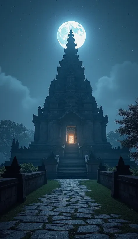 Borobudur temple illuminated by moonlight with starry sky, tranquil and magical atmosphere .