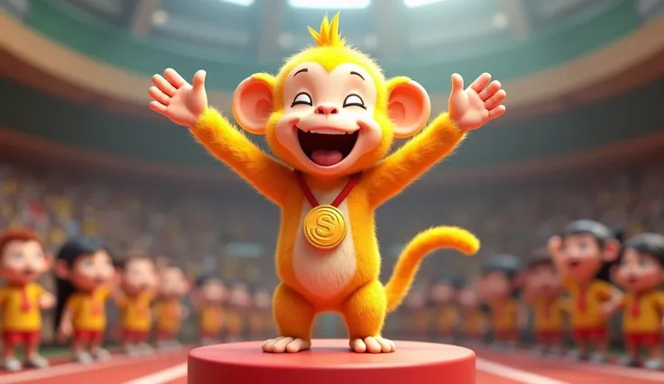 A cute monkey of yellow color with a happy face , was getting the champion on top of the podium wearing a medal around his neck the background of many stage students in the school hall, 3D Animation