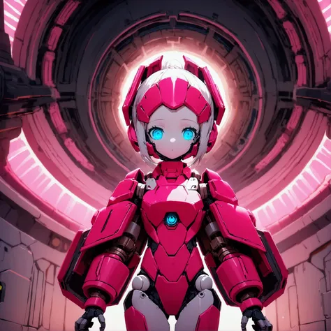 An android (obviously mechanical cute woman, minor astronaut styling. hot pink armor sections, silver trim and joints) is inspecting the exterior of a large space station, 50 sci fi motif