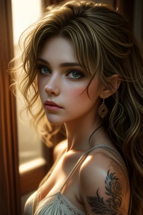 muito detalhado, 16K high resolution, incredibly detailed image, filmic, best quality, ​masterpiece, realisti, detailed face, detail-ful background, dramatic lighing, Girl, 25 years, alone, beautiful natural copper colored, Fell, straggly and messy wavy ha...