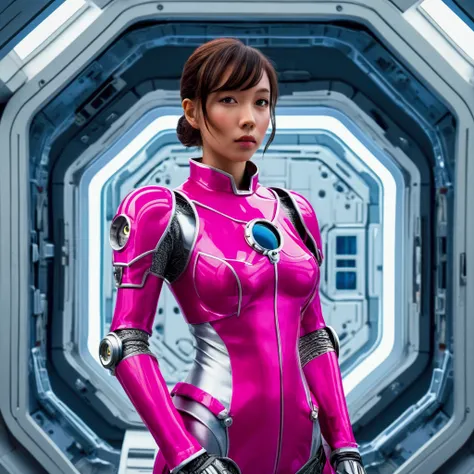 An android (obviously mechanical cute woman, minor astronaut styling. hot pink armor sections, silver trim and joints) is inspecting the exterior of a large space station, 50 sci fi motif
