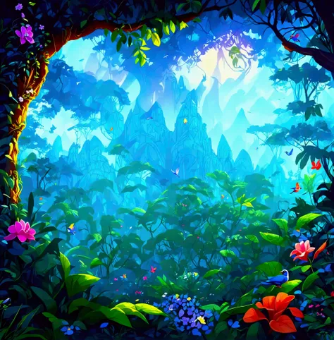 a close up of a cartoon jungle with a bird and flowers, magical forest backround, fantasy forest background, fantasy forrest background, magical forest background, background artwork, fantasy forest landscape, fantasy magical vegetation, enchanted magical ...