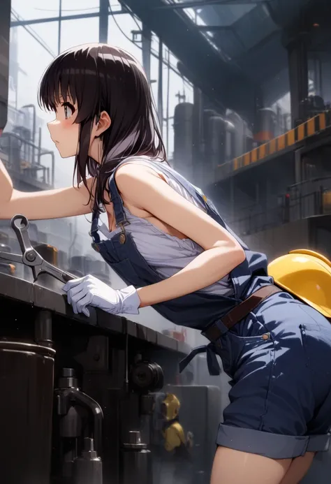 1girl,solo,megumi katou,blue workershort black hair,naked overall,yellow helmet,white gloves,holding a monkey wrench,leaning forward,down blouse,from side,factory,working,masterpiece, best quality,ultra detailed,