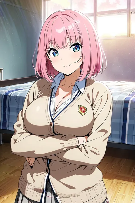 best quality,official art,high school student,fair skin,bob cut,pink hair,smile,twinkle(in the eyes),mega breasts,cleavage,school uniform, cardigan,crossed arms,full body,bed room,in the morning,