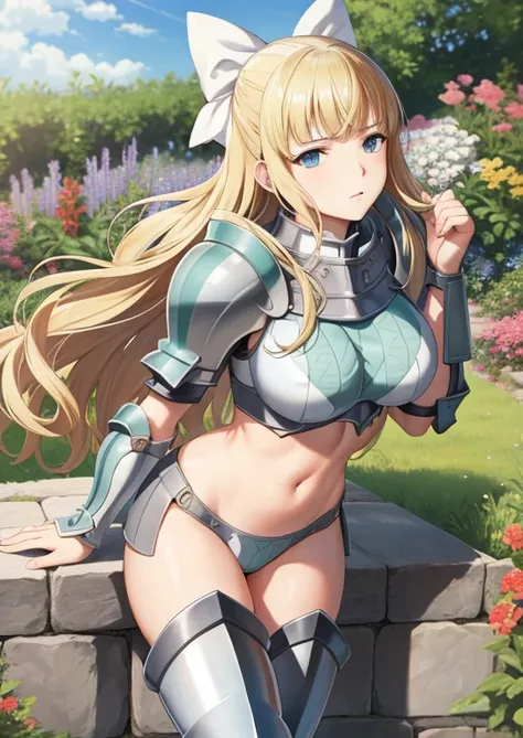 masterpiece, best quality, charlotte, hair bow, bikini armor, vambraces, armored legwear, toned body, pleading expression, garden, look at viewer