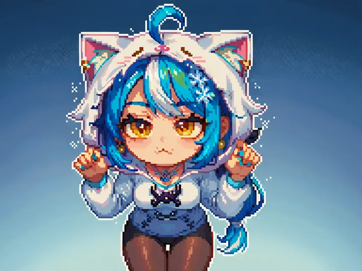   High Quality 、 Thick outline,  High Quality 、 chibi、Thick outline、Pixel art
1 girl  ,    golden eyes ,    two-tone_hair, Silver_hair,Blue Hair、streaked_hair、 shortcuts,     low ponytail in tights、    earrings for women   ,  Ahoge,     asymmetrical bang  ...