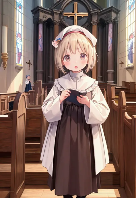 masterpiece, top quality, high definition ,Anatomical,Realistic, detailed description , Full Photo,8k,kawaii,((church)),((choirs)),((２People s)),Baby Face,Petite,flat body ,pure white smock,