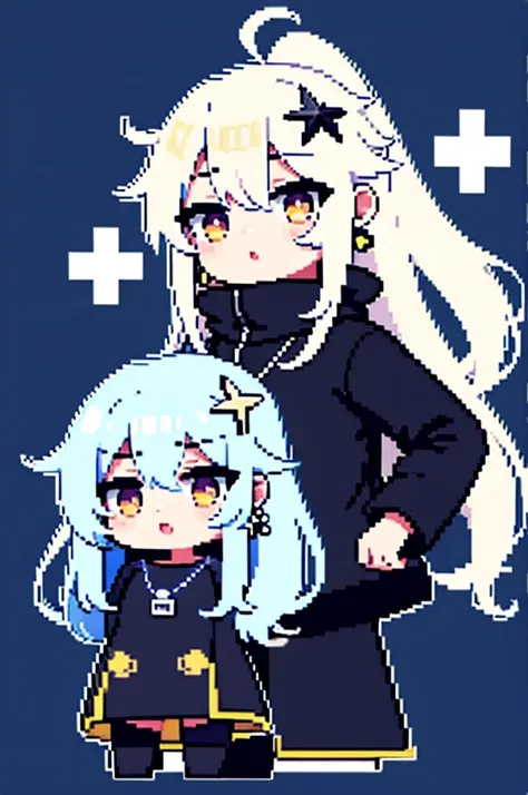   High Quality 、 Thick outline,  High Quality 、 chibi、Thick outline、Pixel art
1 girl  ,    golden eyes ,    two-tone_hair, Silver_hair,Blue Hair、streaked_hair、 shortcuts,     low ponytail in tights、    earrings for women   ,  Ahoge,     asymmetrical bang  ...