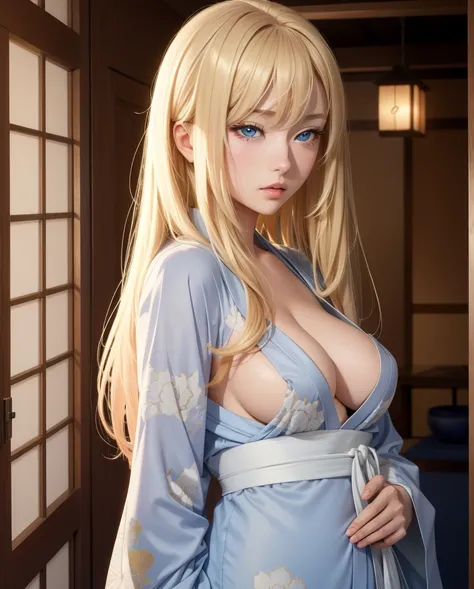  a beautiful girl,  blond hair , Blue eyes,  glowing eyes  , sexy Japanese white kimono ,closed lips ,   long hair,   high resolution, breasts,  full body, 