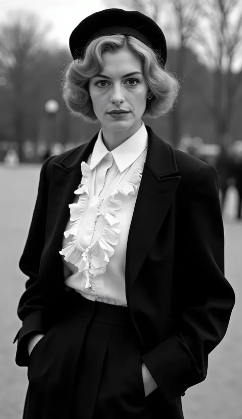 Black and White photographic, Front view, Full body , standing stylish model pose,  1930 years fashion ,American Actress is  Anne Hathaway, 30-age, blond classic hair,  dressed in male attire, black jacket,  middle skirt, white blouse with ruffles around t...