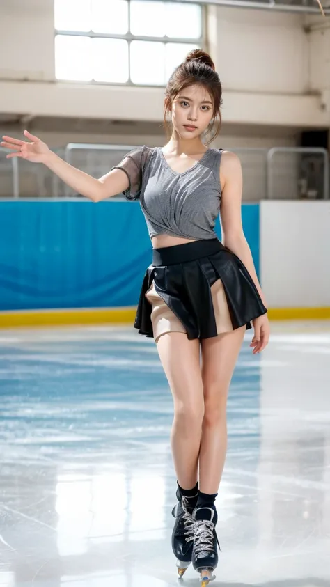 (8k, best quality:1.3), (extremely detailed:1.2), perfect anatomy, beautiful Japanese woman, 18 years old, healthy thighs, beautiful legs, beautiful skin, random hair color, random hairstyle, large breasts, (she is standing:1.2), female figure skater, figu...