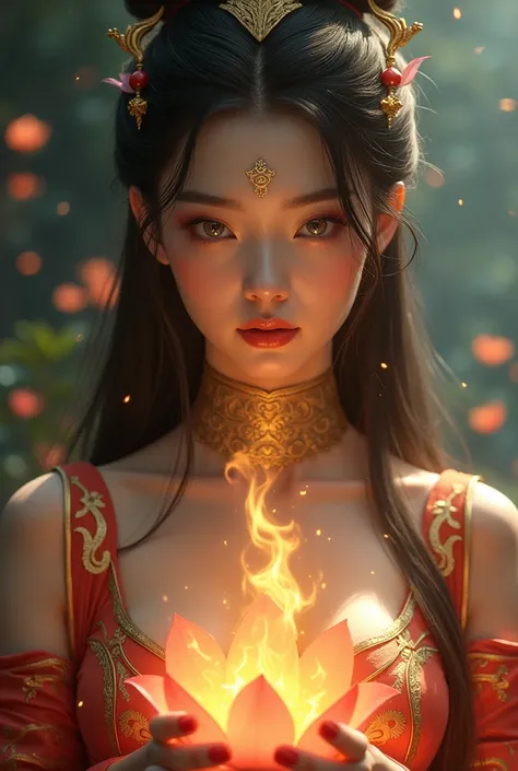 The most beautiful heroine of Xianxia, cold face, dark red dominant lips with a golden hue, long hair, long bangs, blue burning eyes, not wearing a majestic outfit with gold color, tight clothes, big breasts, clothes with a Gokden pattern, detailed face, l...